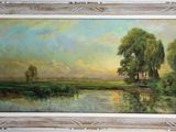 an oil painting of a landscape with a river and trees
