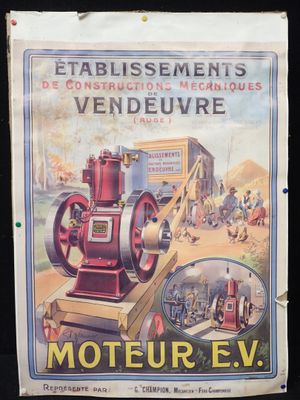 une affiche représentant une locomotive à vapeur exposée dans un musée