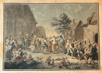 un tableau représentant un groupe de personnes dans un village