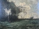 une peinture à l'huile représentant une personne marchant dans un champ bordé d'arbres