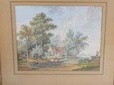 painting of a river scene with a boat in the foreground and a house in the background