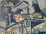 an image of a painting of a house with palm trees in the background