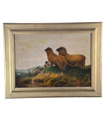 tableau représentant deux moutons debout sur une colline, avec un chien au premier plan