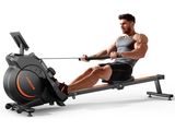 the man is rowing on a rowing machine on a white background