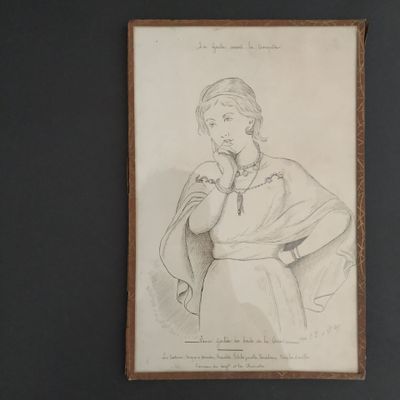 drawing of a woman in a white dress with a rosary in her hand