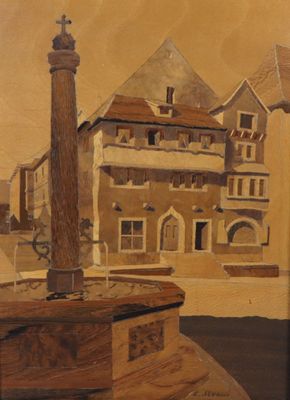 un tableau représentant un bâtiment avec une tour horloge devant