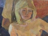 a painting of a nude woman sitting on a couch