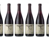 six bottles of red wine lined up in a row
