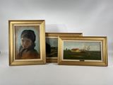 two framed paintings of a woman and a barn in a field