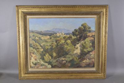 une image représentant un tableau représentant un paysage avec des arbres et des collines