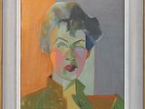 an oil painting of a woman in a green jacket and yellow shirt