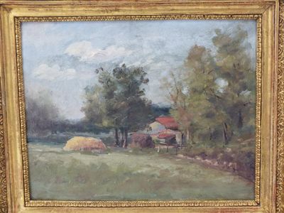 une peinture à l'huile représentant une scène de ferme avec une grange en arrière-plan