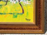 an oil painting of a tree with white flowers in a yellow field