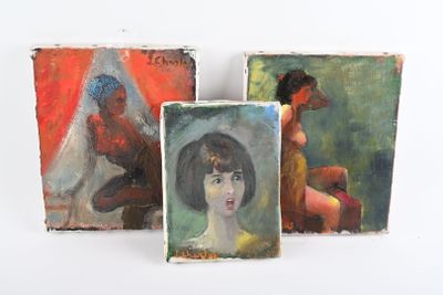 trois tableaux représentant une femme et un homme sur fond blanc