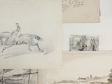 many drawings of people riding horses on a wall