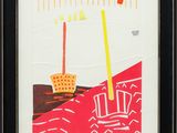 peinture représentant un bateau sur un fond rouge, avec un mât jaune