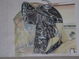 a drawing of a motorcycle with a bird perched on top of it