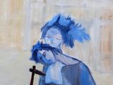 a painting of a woman with blue hair sitting on a chair