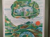 painting of a painting of a train going down a track in a green frame