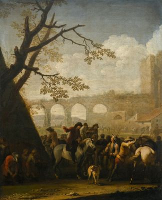 tableau représentant un groupe de personnes à cheval dans un village