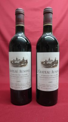 two bottles of red wine sitting on top of a red cloth
