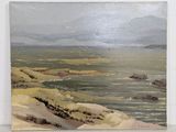 an oil painting of a view of a body of water with mountains in the distance