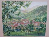an oil painting of a view of a small town in the mountains