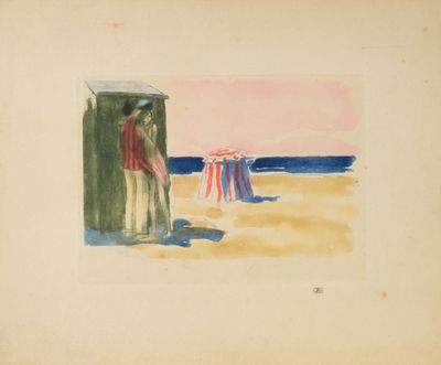 an image of a painting of a man standing in front of a beach