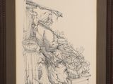 drawing of a man sitting on a bench with a dog
