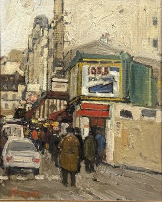 une peinture à l'huile représentant des personnes marchant dans une rue de la ville sous la pluie