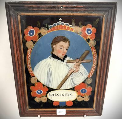 an old picture of a boy holding a cross and wearing a crown