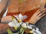 a painting of a woman sitting at a table with a vase of flowers