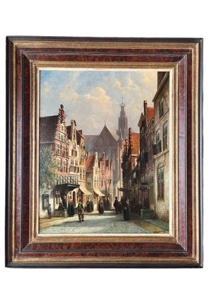 an oil painting of a street scene with people walking down the street
