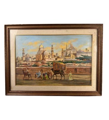 an oil painting of a horse drawn carriage in front of a large building
