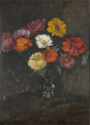 an image of a painting of flowers in a vase on a table
