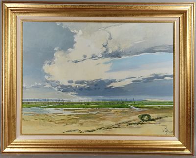 une peinture à l'huile représentant un ciel nuageux au-dessus d'un champ, avec une rivière au premier plan