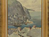 an image of a painting of a harbor scene with a boat in the water