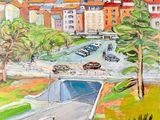 tableau représentant une vue d'une ville depuis une colline, avec un pont