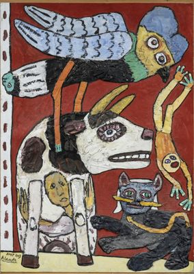 an image of a painting of a dog, a cat, and a bird