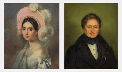 deux tableaux représentant un homme et une femme portant des chapeaux et des robes de soirée