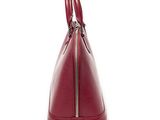 a close up of a red handbag on a white background