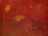 an image of a painting of goldfishs on a red background