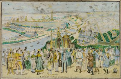 an image of a painting of a group of people standing in front of a river
