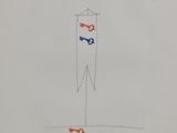 a drawing of a clock tower with two red and blue keys