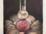 a drawing of a woman holding a glass vase with a liquid inside