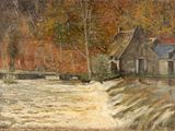 an oil painting of a river with a house in the background