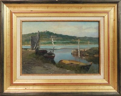 a picture of a painting of a boat on the water