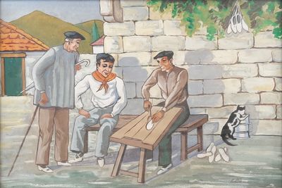 tableau représentant un groupe d'hommes assis à une table en compagnie d'un chien