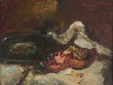 une peinture à l'huile représentant un bol de nourriture posé sur une table