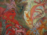 un tableau représentant des animaux et des oiseaux dans un champ